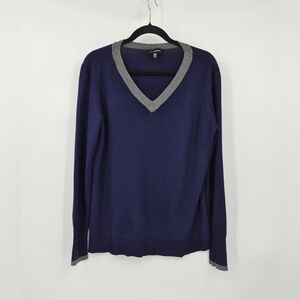 Wantable Blue V-Neck Sweater With Gray Trim Rayon/Nylon Knit Sz XL Casual